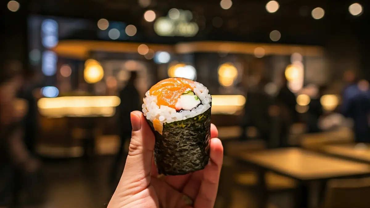 Generic image of a sushi handroll in a modern urban setting.