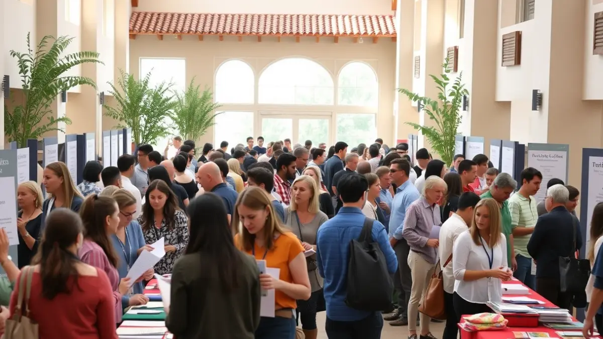 Imagen genérica de una feria de empleo con mucha gente interactuando en los stands.