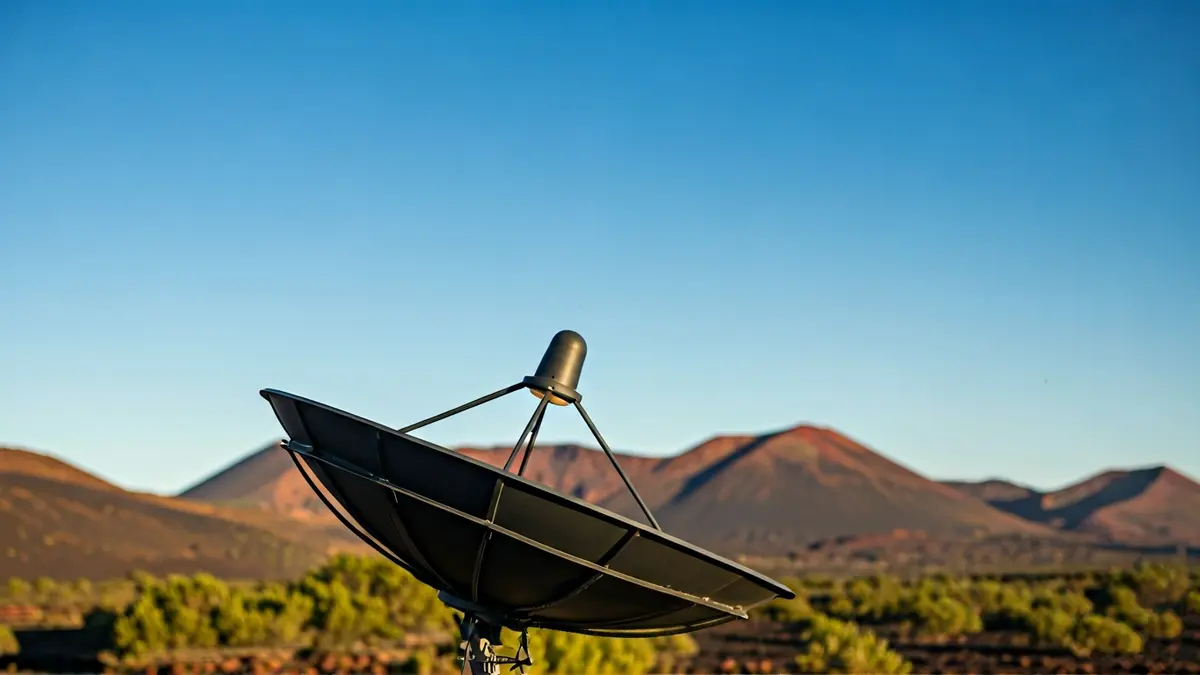 Satellite dish antenna in a volcanic Canary Islands landscape.