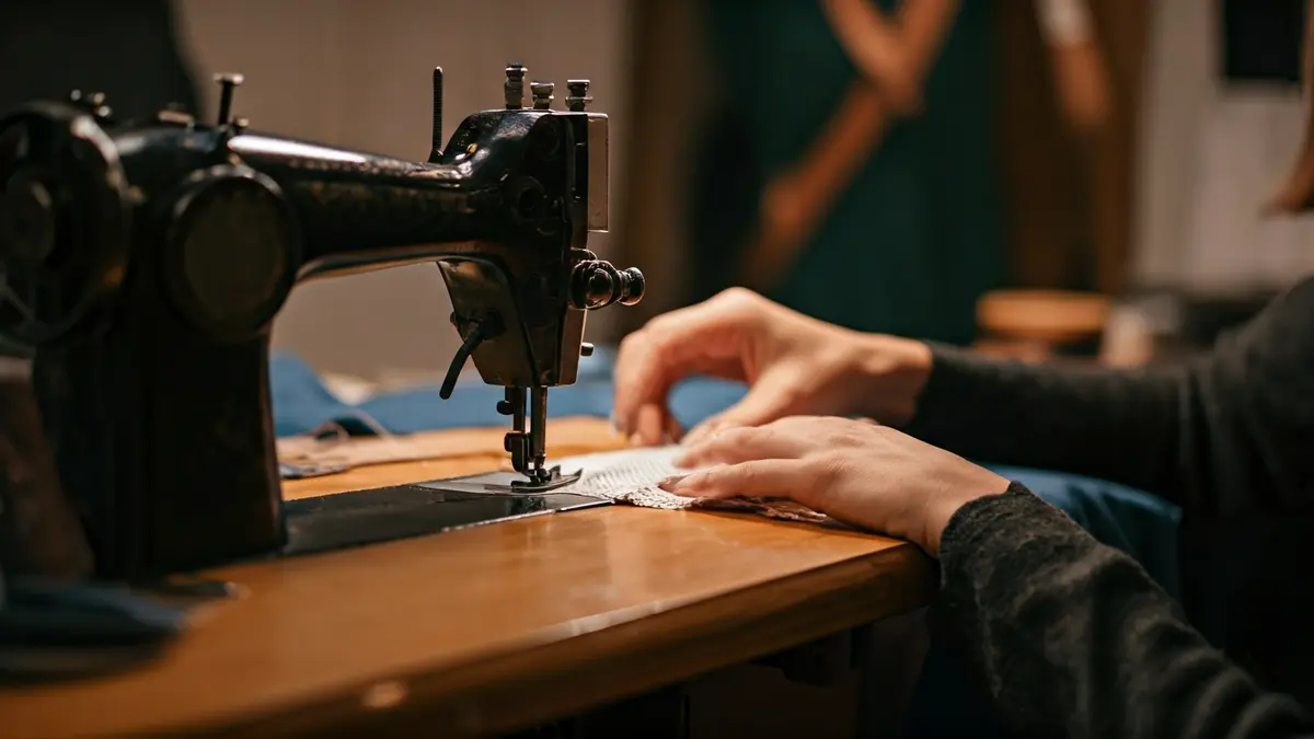 Generic image of a sewing machine with fabric and hands working, symbolizing fashion and craftsmanship.