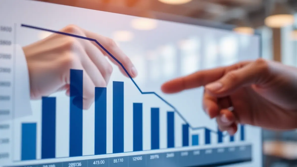 Generic image of a bar chart showing a downward trend, with hands pointing at data, in an office setting.
