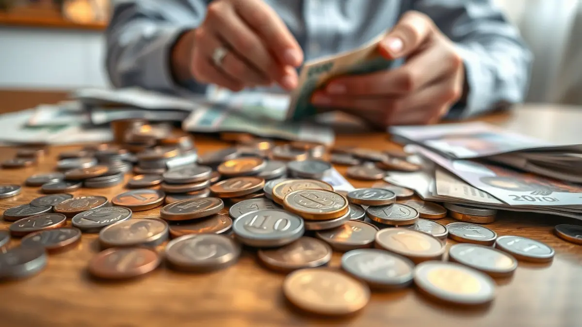 Generic image of euro coins and banknotes on a wooden table, with blurred hands counting money.