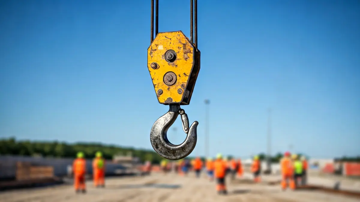 Generic image of a construction crane hook against a blue sky.
