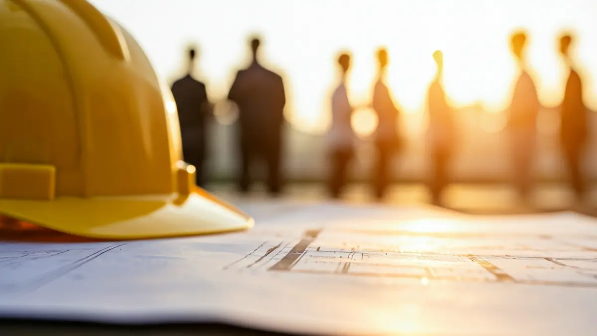Generic image of construction plans and a hard hat, symbolizing an urban development project.