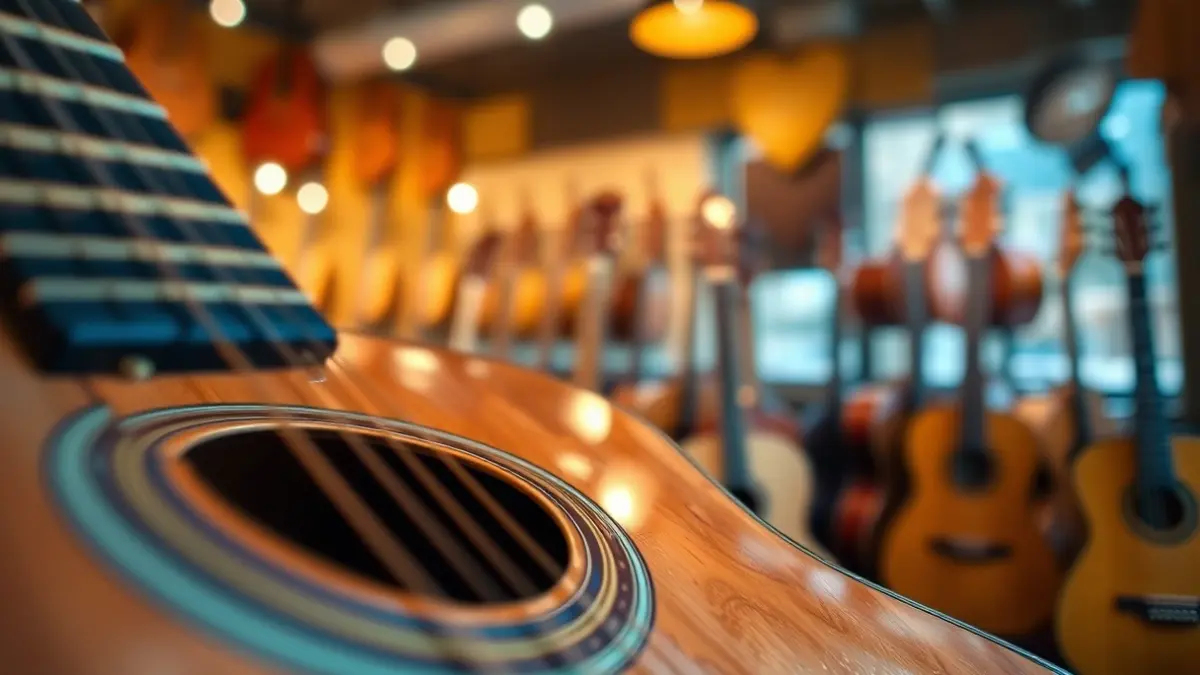 Generic image of a classical guitar in a music shop.