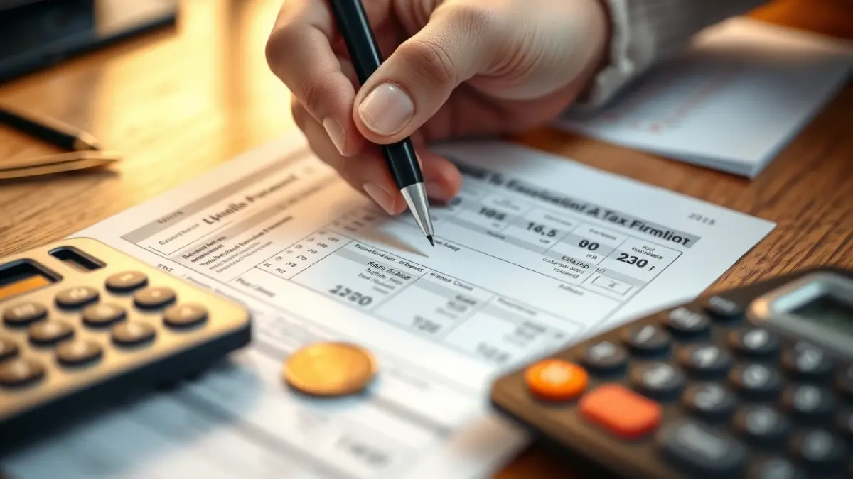 Imagen genérica de una persona rellenando un formulario de impuestos, con una calculadora y monedas en el escritorio.