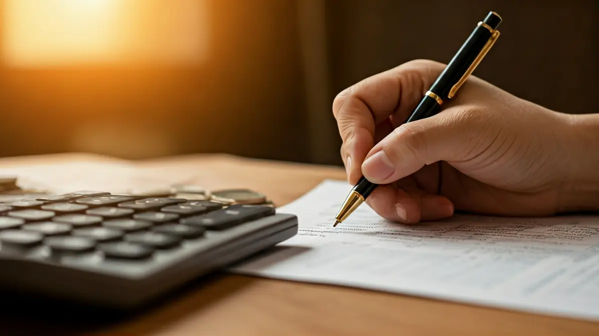 Generic image of a person filling out a tax form with a calculator and coins.