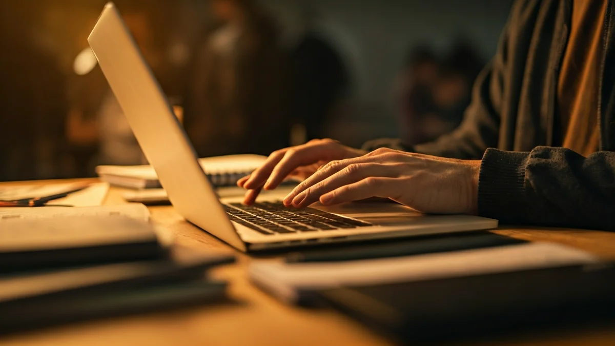 Imagen genérica de un teclado de portátil con manos escribiendo, representando un hackathon.