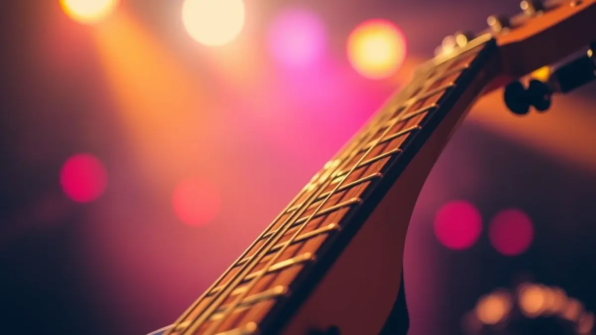 Generic image of an electric guitar, with blurred stage lights in the background.
