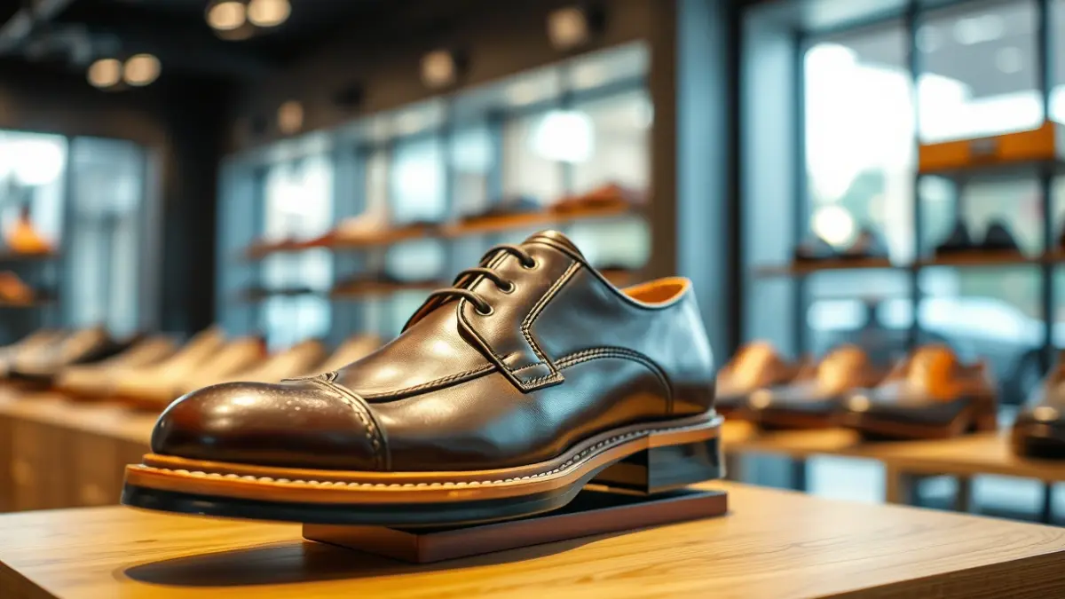 Generic image of a leather shoe on a display stand, representing the footwear industry.