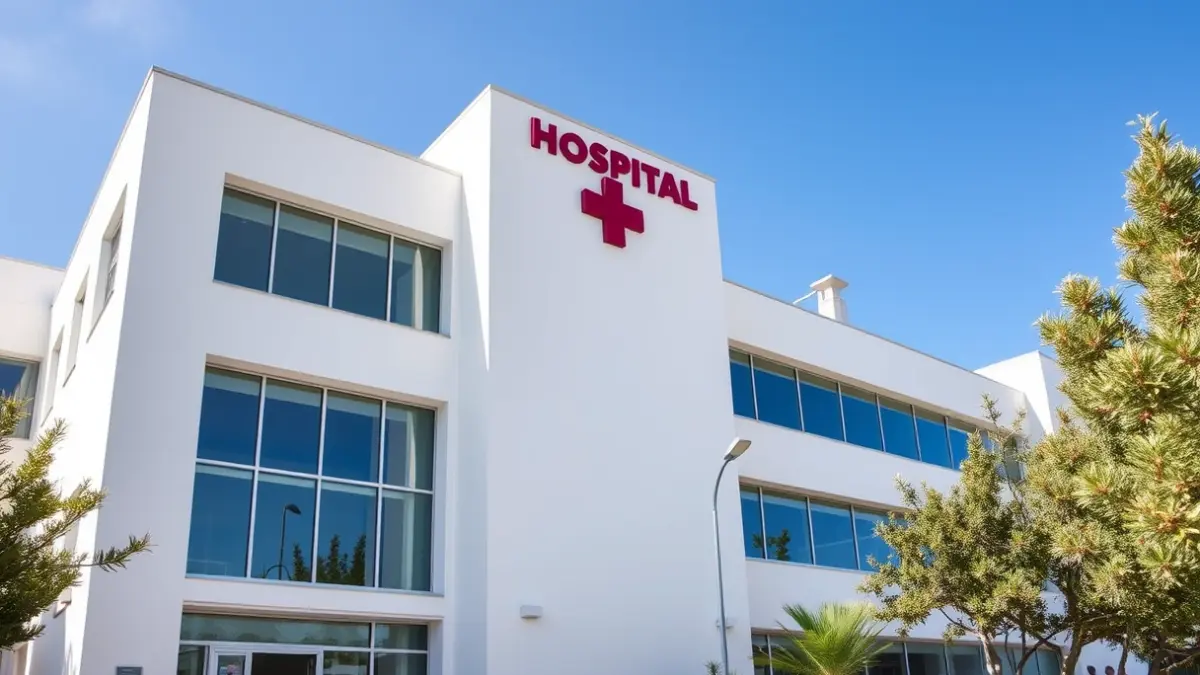 Fachada de un hospital moderno con grandes ventanales y diseño contemporáneo.