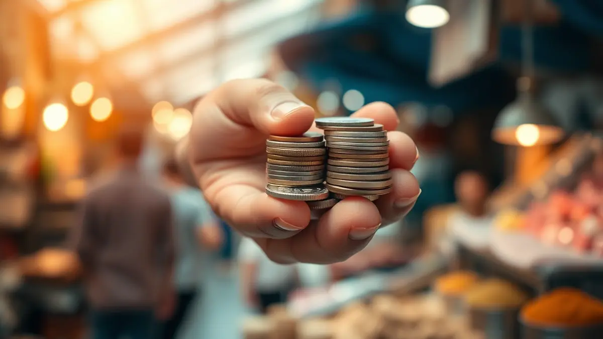 Imagen genérica de monedas en una mano, con un fondo borroso de un mercado o tienda, simbolizando la economía y el comercio.