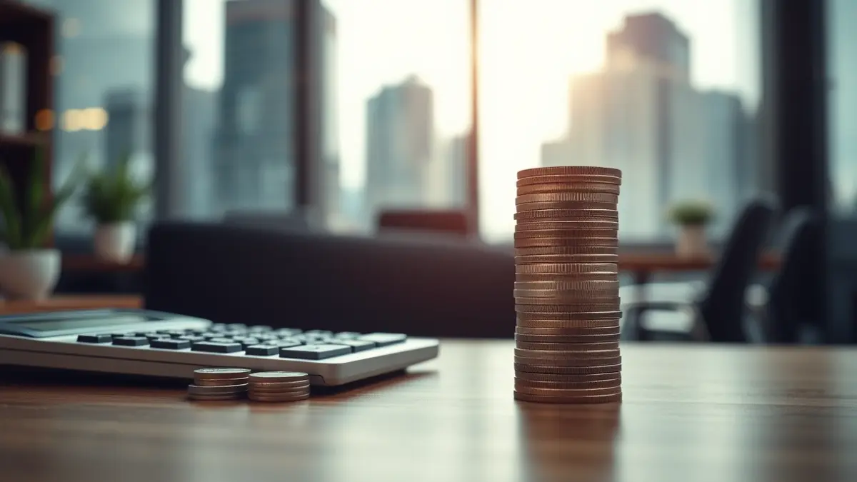 Generic image of coins and a calculator on a desk, symbolizing business growth.