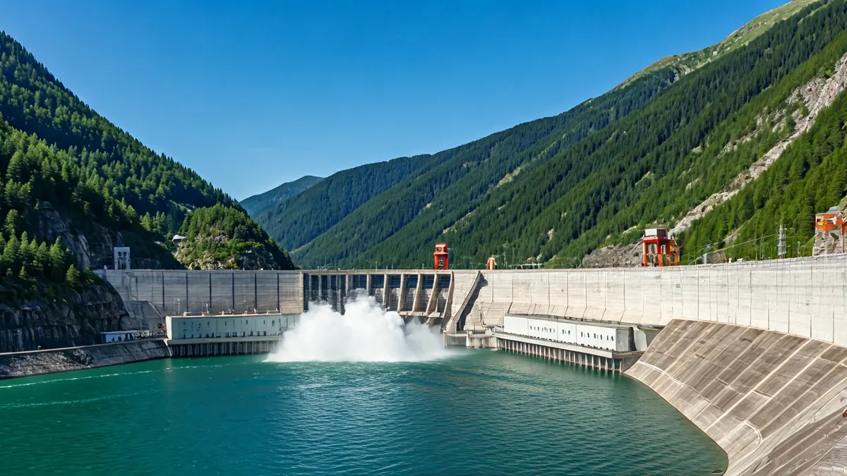 Imagen de una megacentral hidroeléctrica en un paisaje montañoso.