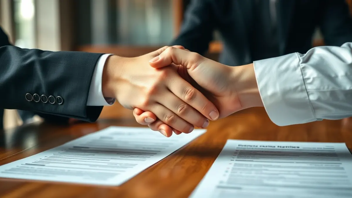 Imagen genérica de dos manos estrechándose en un entorno de oficina, simbolizando un acuerdo empresarial.