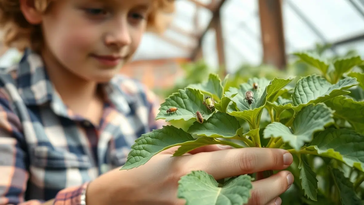 Imagen genérica de un agricultor joven inspeccionando una planta en un invernadero, con énfasis en el control biológico de plagas.