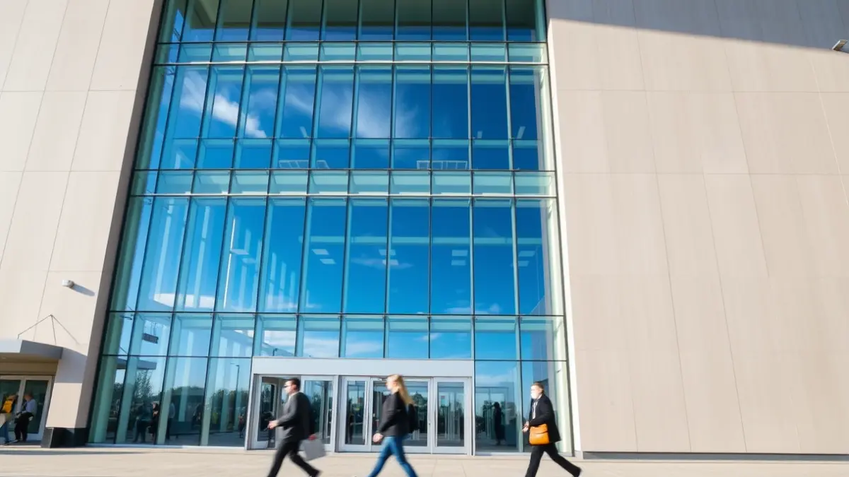Imagen genérica de un centro de convenciones moderno con fachada de cristal.