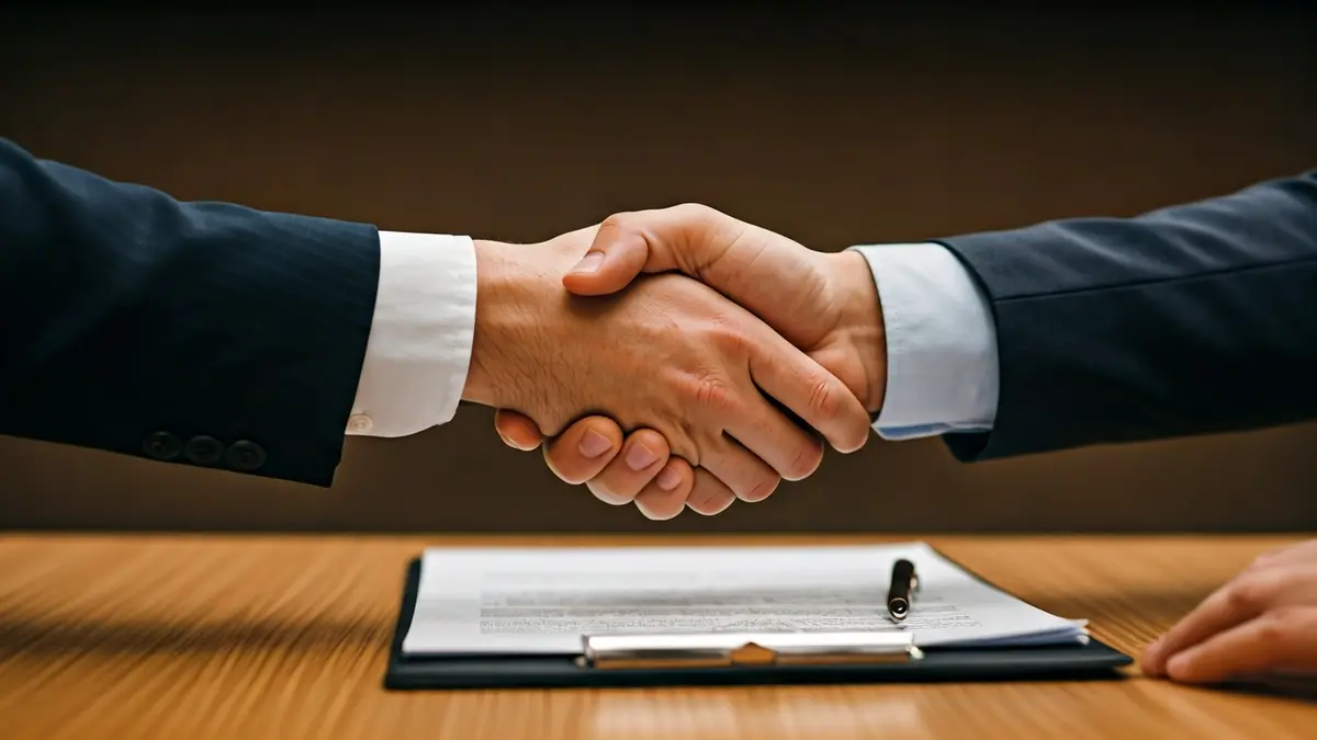 Generic image of hands shaking over a desk with paperwork, symbolizing a business agreement.