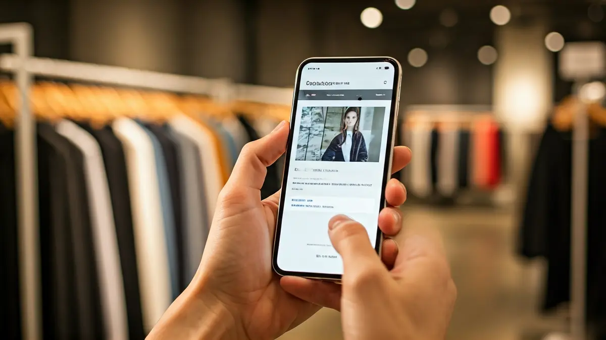 Imagen genérica de una mano sosteniendo un smartphone con una página web de moda, con ropa borrosa al fondo.