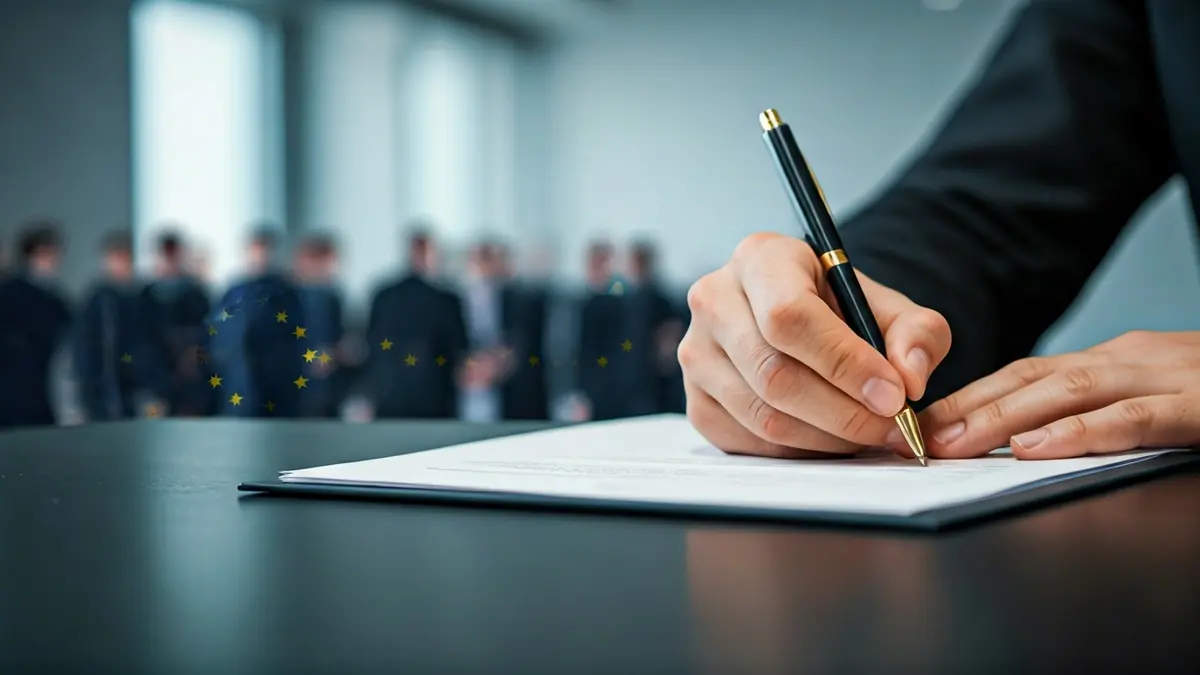 Imagen genérica de una mano firmando un documento, simbolizando acuerdos y financiación.