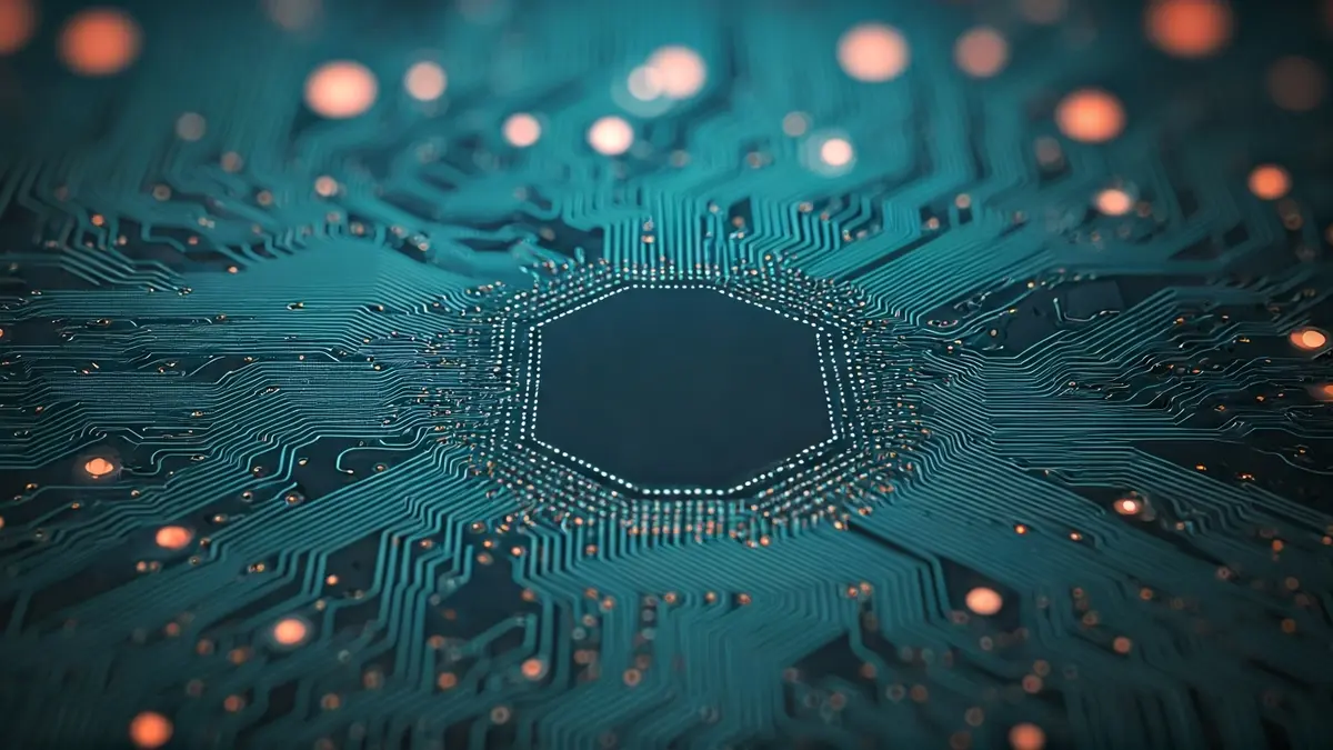 Imaxe xenérica dunha placa de circuíto con luces brillantes, representando tecnoloxía de guerra electrónica.