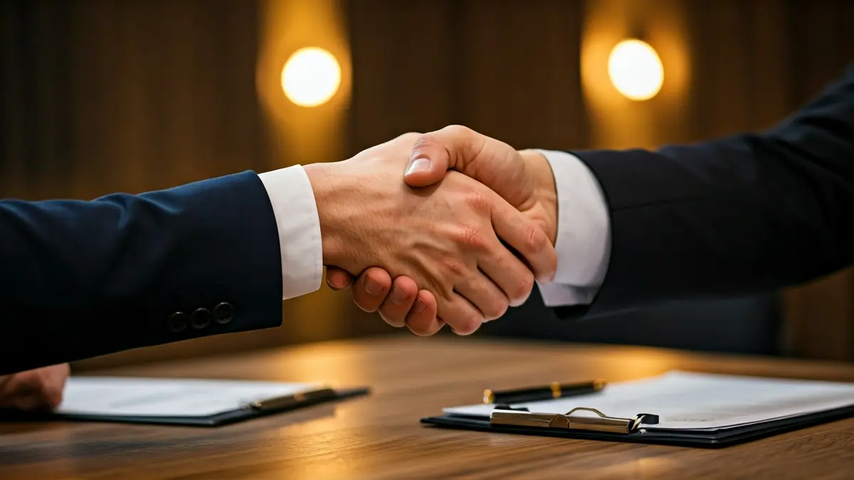 Generic image of a handshake in an office setting, symbolizing a business agreement or recognition.