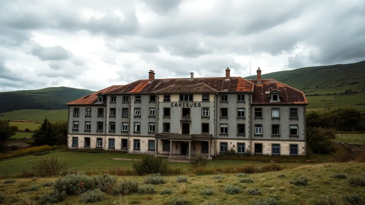 Imagen del antiguo hotel Fonte Sacra en A Fonsagrada, mostrando su estado actual de abandono.