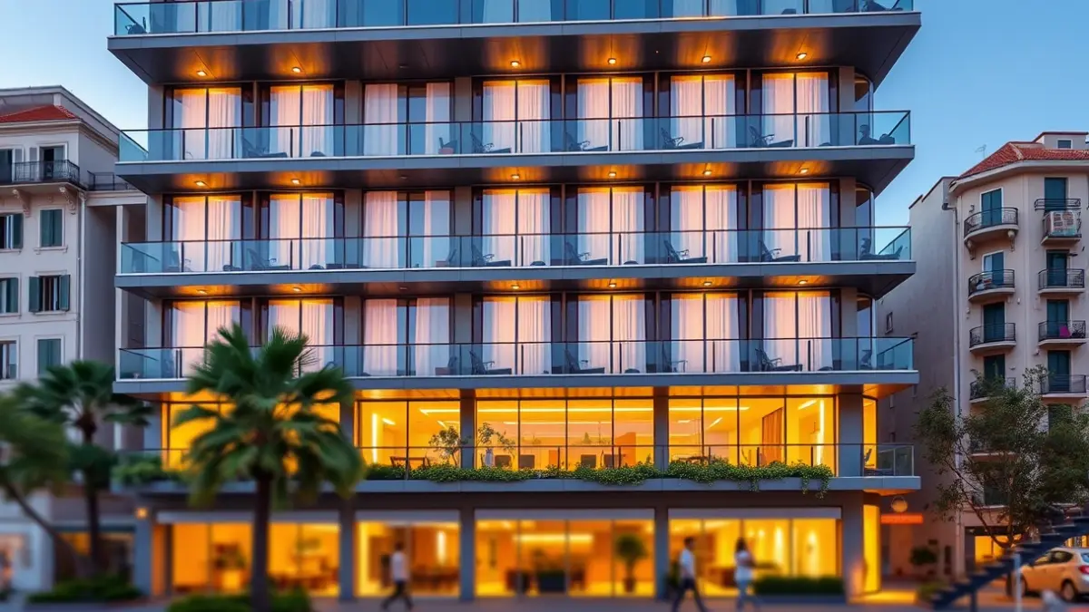 Image of a modern four-star hotel in a Mediterranean urban square.