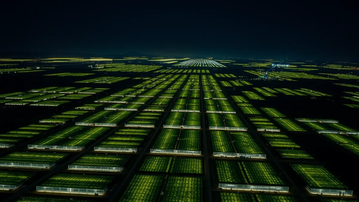 Aerial image of illuminated greenhouses at night, creating a light pattern in the agricultural landscape.