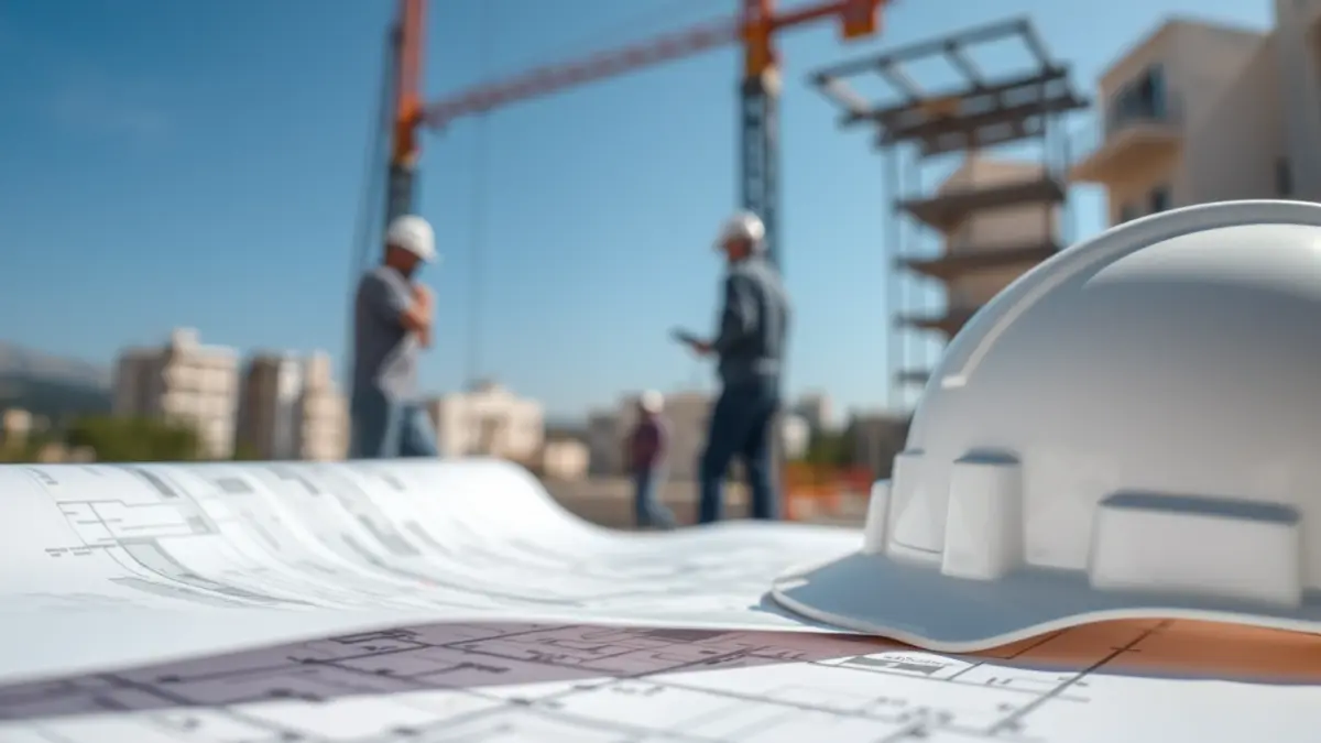 Generic image of a construction project with blueprints and a hard hat.