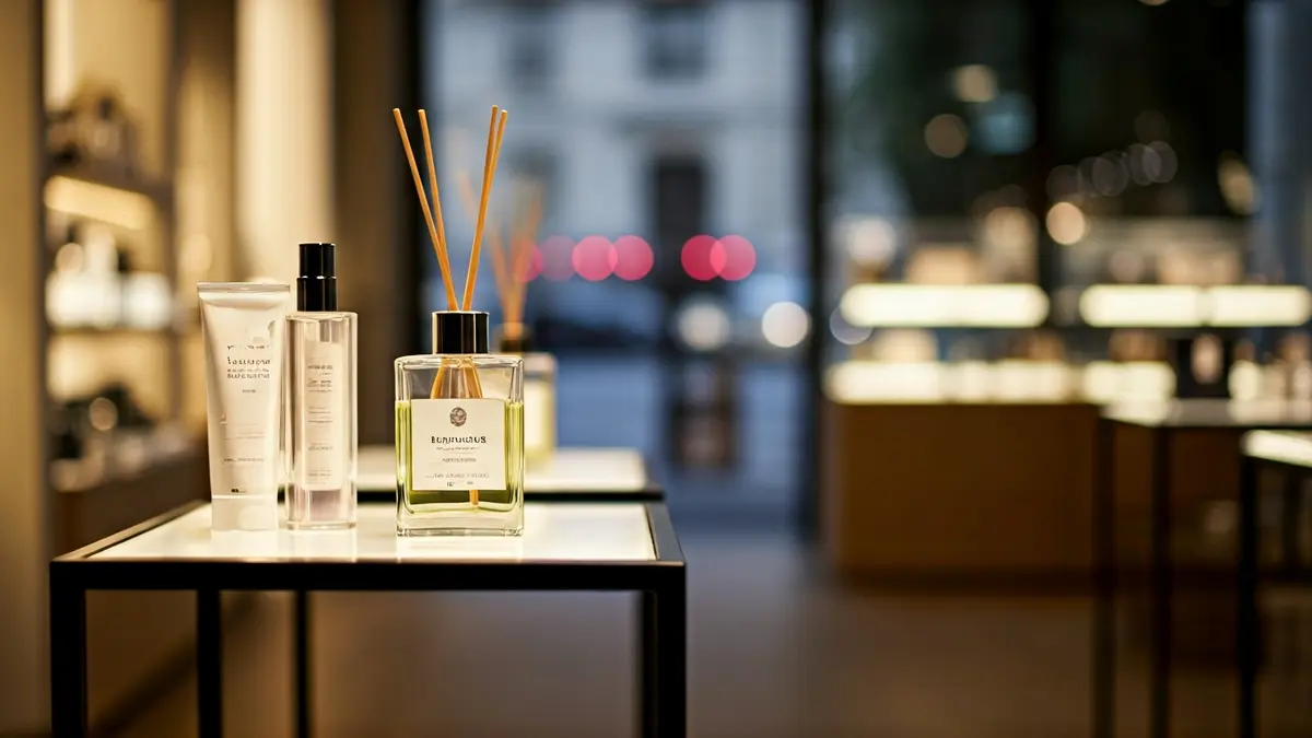 Imagen genérica del interior elegante de una boutique moderna con iluminación suave y expositores de productos elegantes.