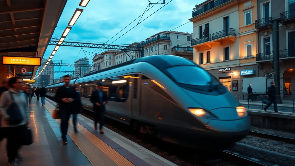 Imagen genérica de una estación de tren de alta velocidad con un tren moderno y pasajeros borrosos.