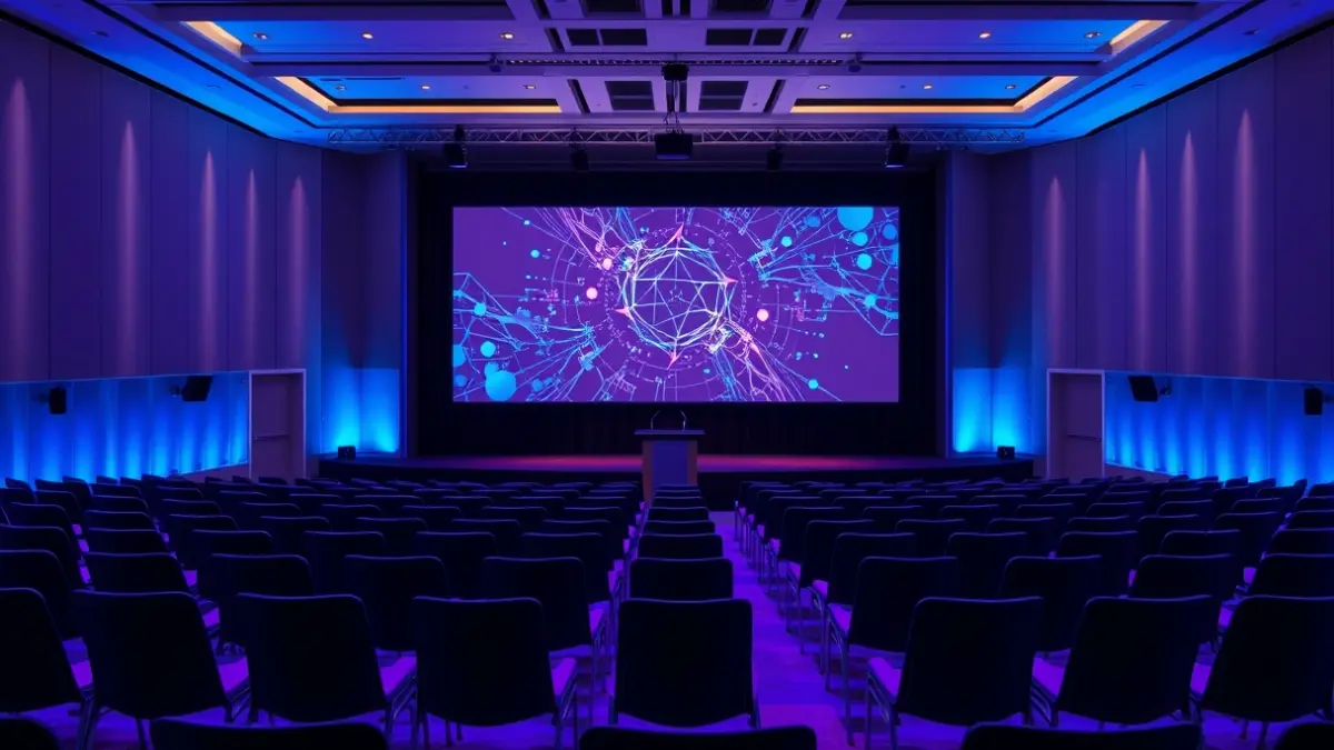 Imagen de un congreso de ciberseguridad con pantallas y asientos vacíos.