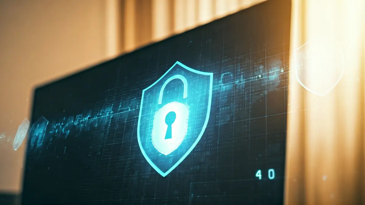 Generic image of cybersecurity, with code and digital symbols on a computer screen.