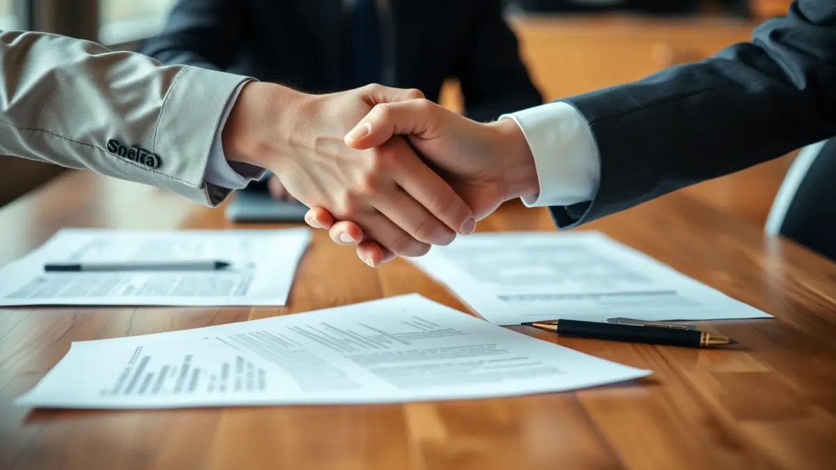 Generic image of two hands shaking over a blurred desk with paperwork, symbolizing an agreement.