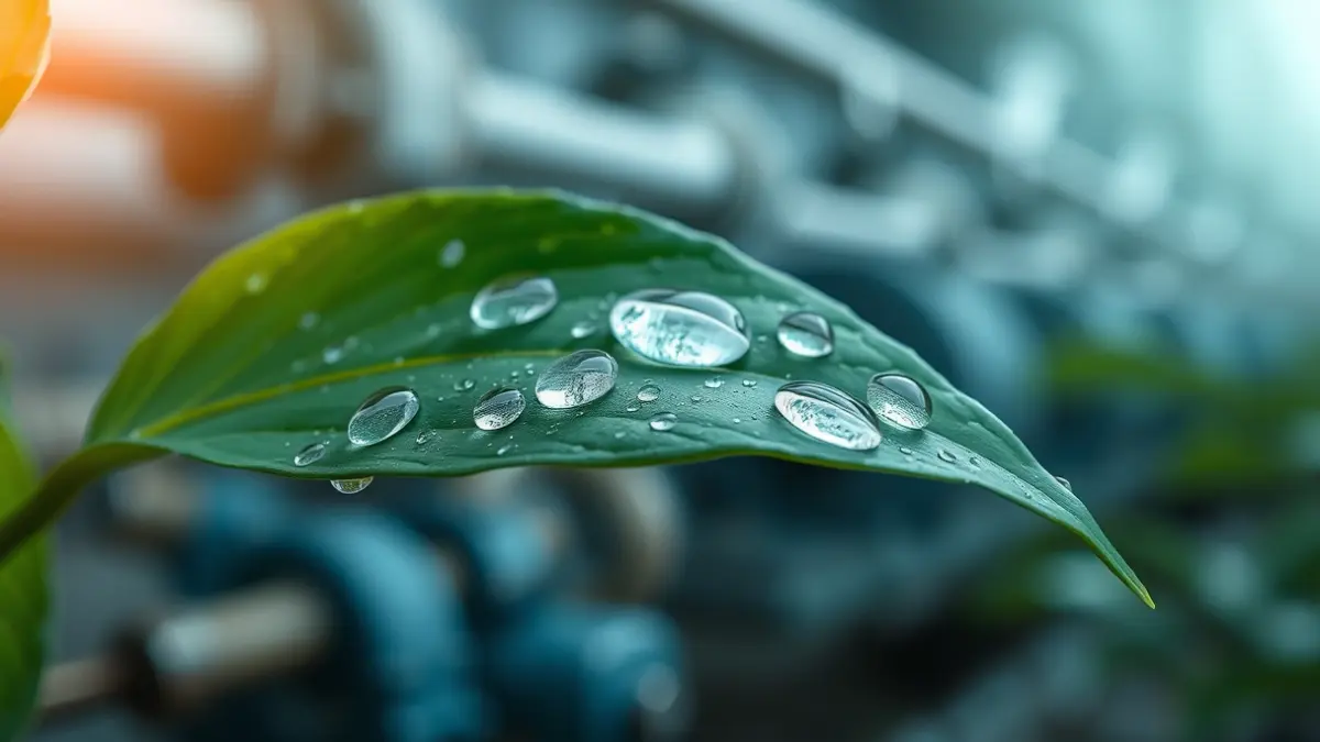 Generic image of water droplets on a green leaf, with industrial pipes in the background, symbolizing sustainable water treatment.