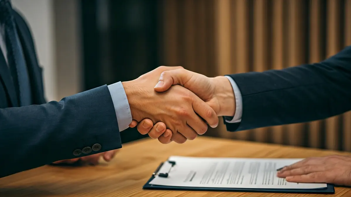 Generic image of two hands shaking in an office setting, symbolizing a business agreement or leadership.
