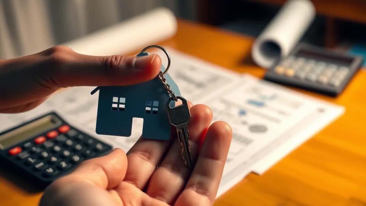 Generic image of a hand holding a house key, with blueprints and calculator in the background.