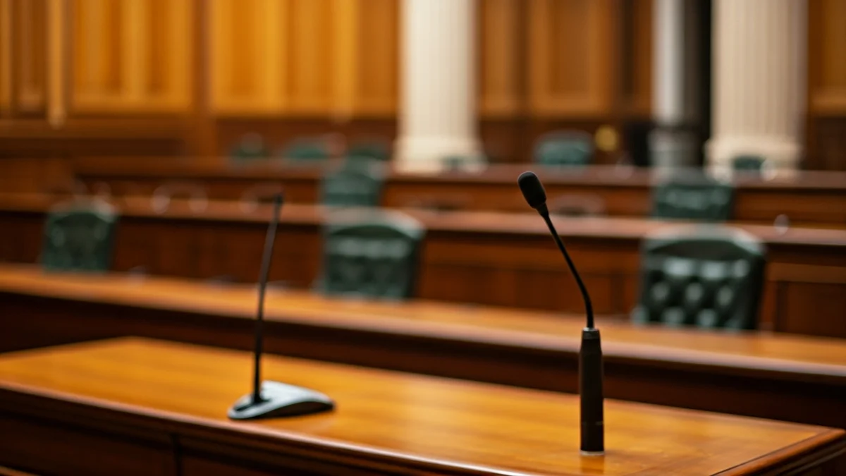 Imagen genérica de un salón de plenos municipal vacío, con un micrófono en primer plano, simbolizando la incertidumbre política.