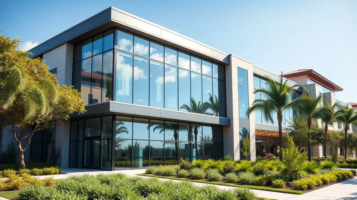 Modern building in a technology park with extensive green areas under the Andalusian sun.