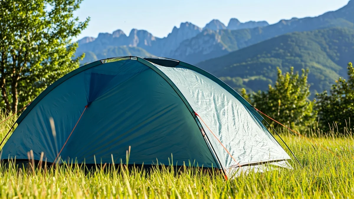 Imagen genérica de una tienda de campaña moderna en un paisaje verde de Euskadi, con montañas al fondo.