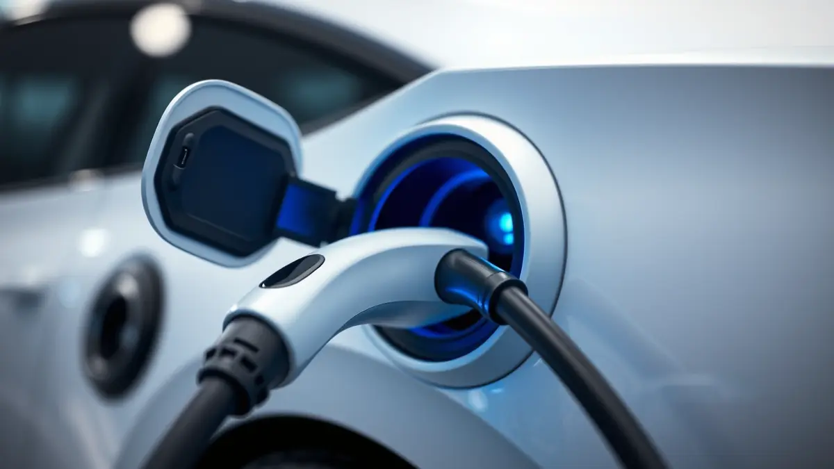 Generic image of an electric car charging, with the charging port illuminated in blue.