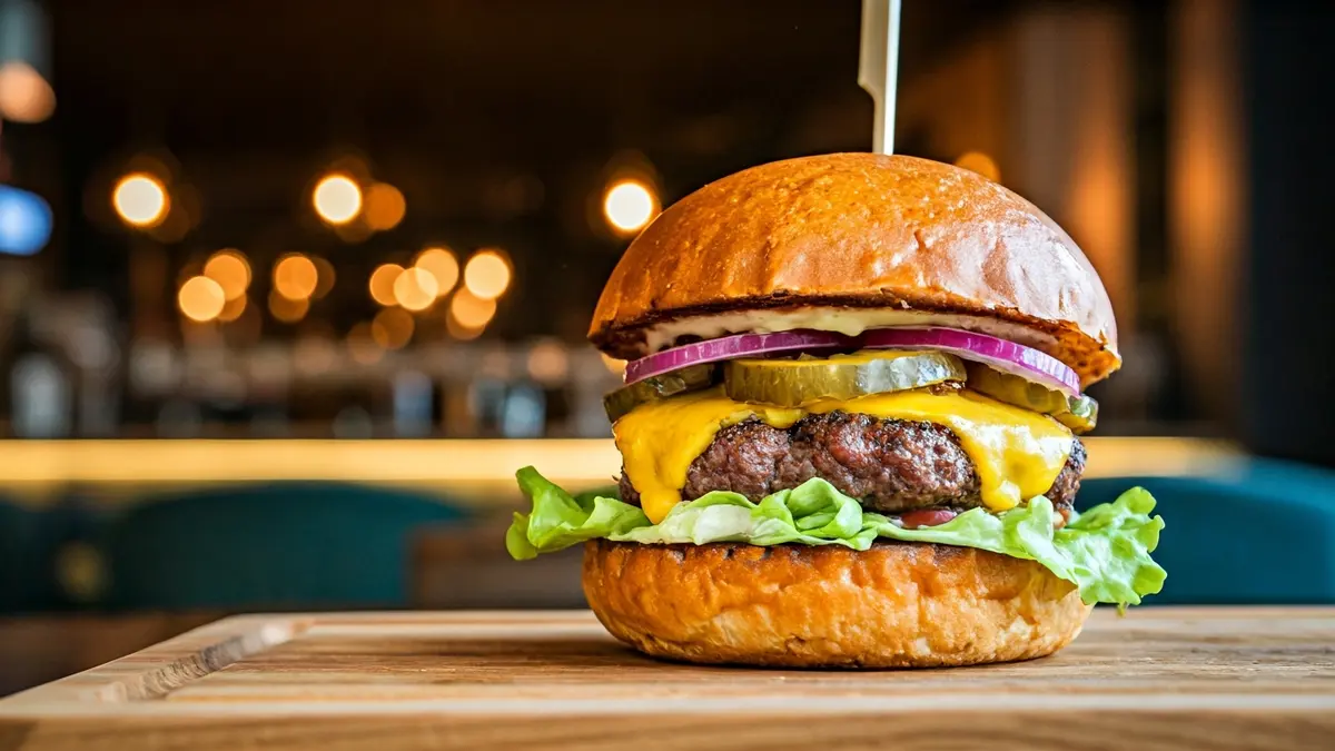 Generic image of a gourmet burger in a high-end restaurant.