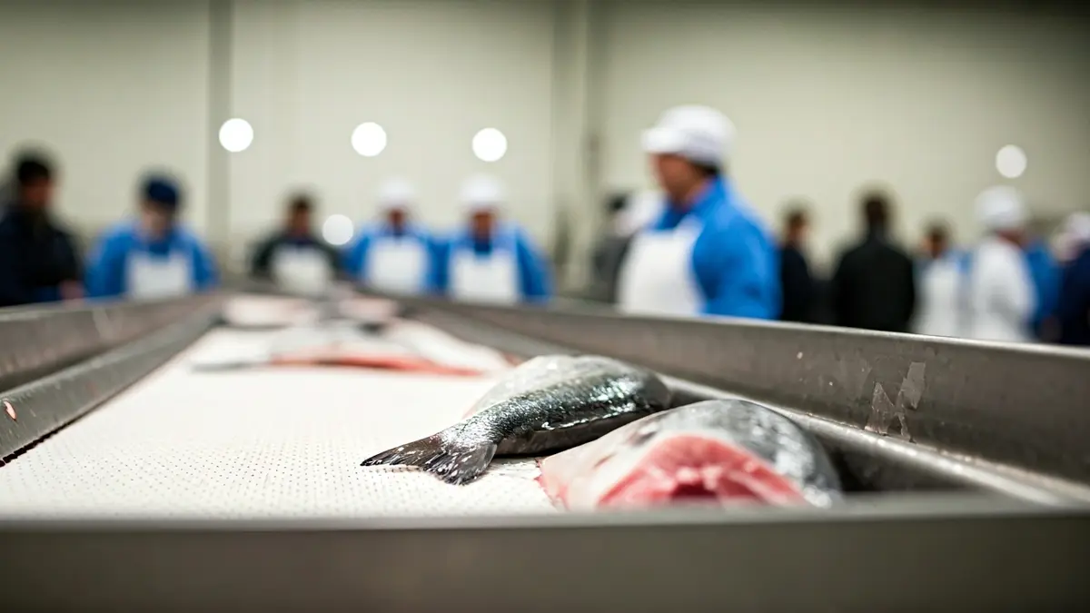 Imagen genérica de pescado fresco siendo procesado en una planta alimentaria.