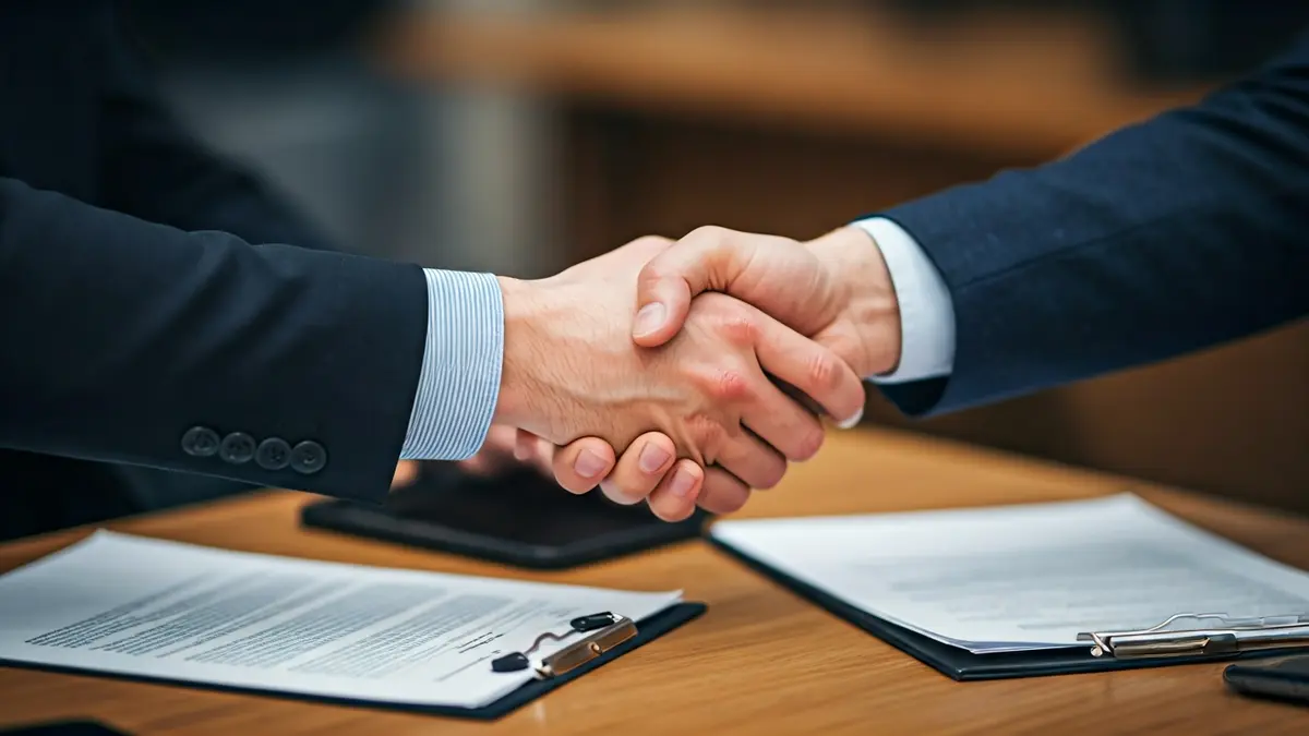 Generic image of two hands shaking over a desk, representing a business meeting.
