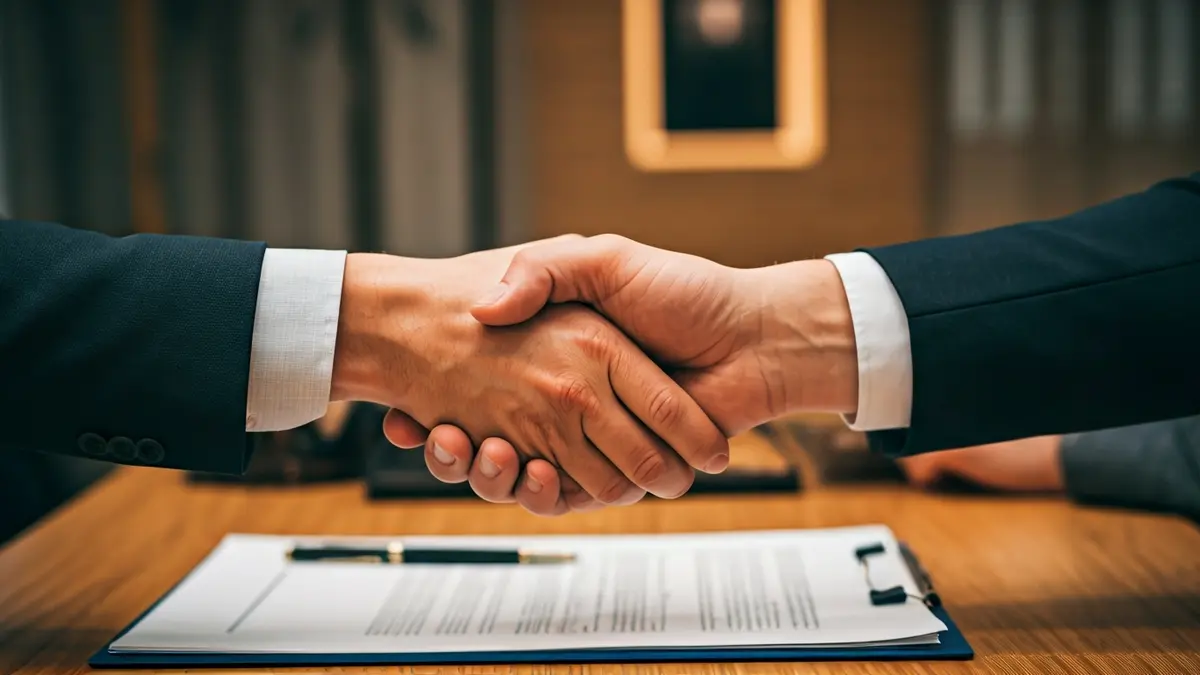 Generic image of a handshake in an office setting, symbolizing a business agreement.