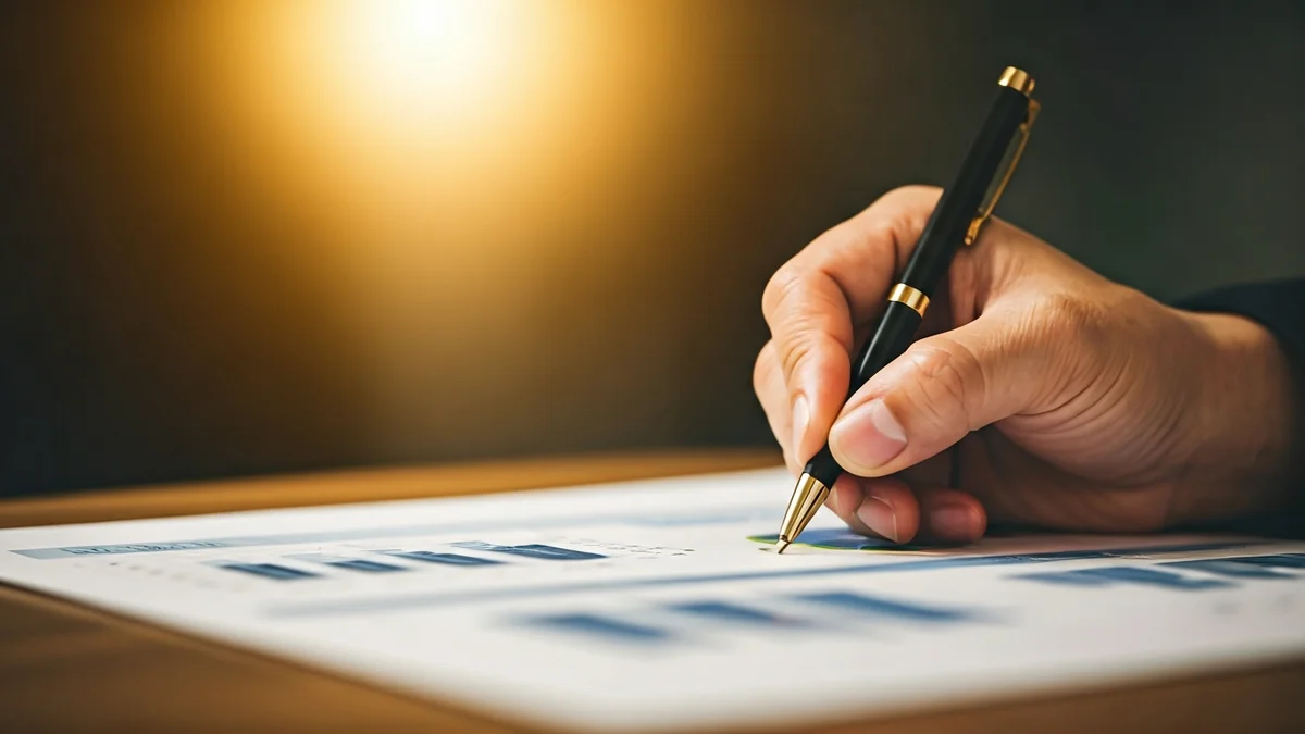 Generic image of a hand with a pen over economic documents.