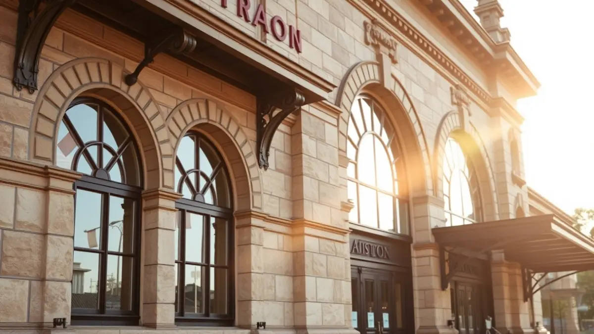 Facade of the old Cadiz train station, with historical architectural details.