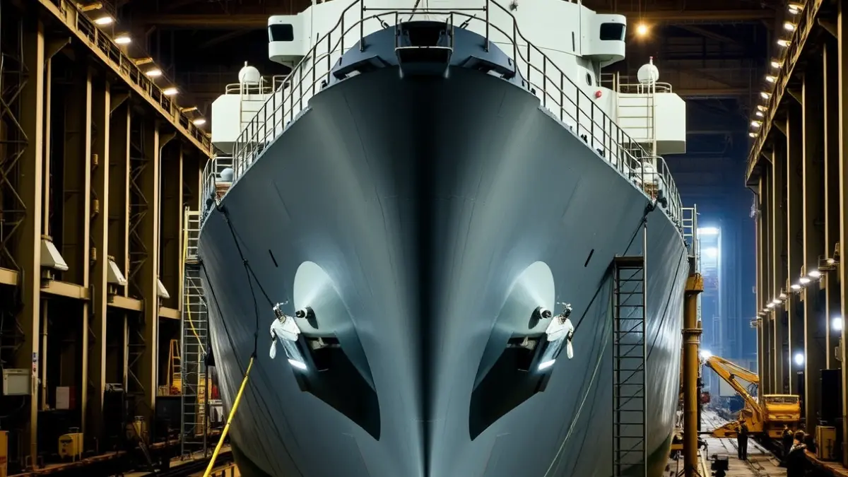 Imagen de un destructor naval en dique seco siendo reparado.