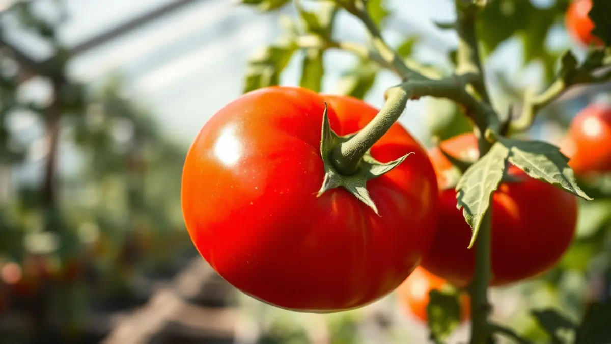 Imagen genérica de un tomate fresco en una planta, representando la calidad de los productos agrícolas.